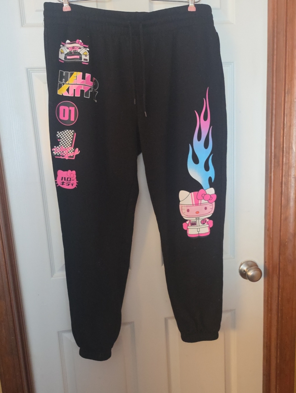 Hello Kitty Black Joggers with Pink & Blue Flame Graphics